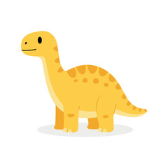 Obraz premium Cartoon sauropod dinosaur with yellow skin and spots stands on a white background