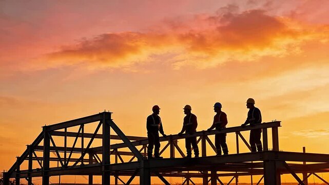 Construction workers on steel framework at sunset