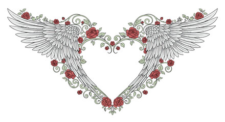 Obraz premium Romantic Angel Wings Heart Frame with Red Roses and Floral Vines Decorative Vector Illustration for Love and Wedding DesignsRomantic Angel Wings Heart Frame with Red Roses 