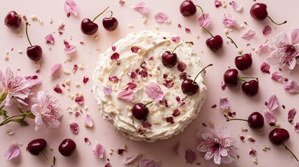 Fototapeta premium Overhead spring composition with cherries and cream icebox cake slightly off-center, surrounded by scattered petals and whole cherries on a blush pink background, airy natural light
