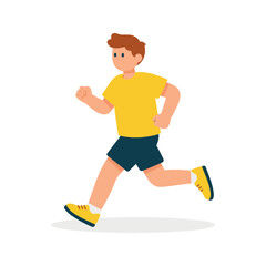 Fototapeta premium Athletic man in yellow shirt and blue shorts runs on a white background