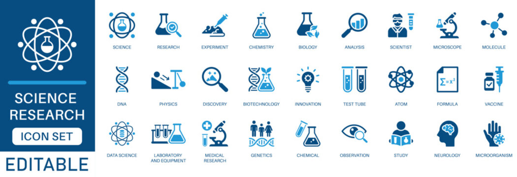 Science research icon set. featuring laboratory, equipment, biology, chemistry, biotechnology, Physics, Genetics and medical discovery in blue flat design.