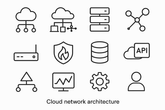 Cloud Network Icons. Cloud network architecture. Line outline icon set of Cloud network architecture: cloud