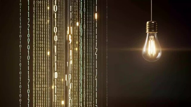 Light bulb shines against backdrop of falling binary code in dark setting at nighttime