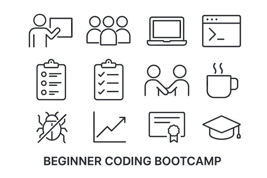Coding Bootcamp Icons. Beginner coding bootcamp. Line outline icon set of beginner coding bootcamp: instructor