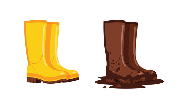 Pair of rubber boots in yellow and brown cartoon style illustration with mud splatter high quality professional detailed modern elegant stylish clean crisp vibrant