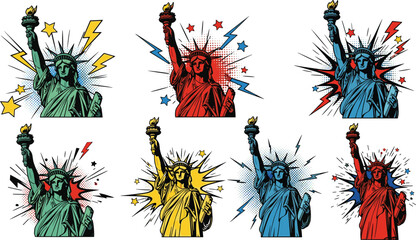 Colorful Pop Art Statue of Liberty Icon Set with Bold Comic Style Designs for Patriotic and American Theme ProjectsColorful Pop Art Statue of Liberty Icon  © Md