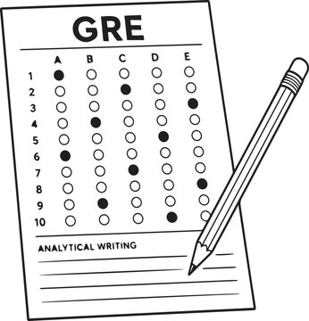 GRE Test Preparation Vector Illustration: Multiple-choice answer sheet with filled-in bubbles, pencil, and analytical writing section for graduate school entrance exams and study.
