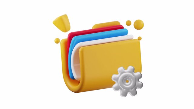Organization concept with a vibrant yellow file folder, colored documents, and a gear symbol. Perfect for business and office designs.