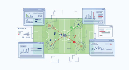 Fototapeta premium Football Soccer Field Analytics Dashboard with Player Tracking, Stats Charts, and Data Panels for Sports Technology and Performance Vector DesignsFootball Soccer Field Analytics Dashboard with Player 