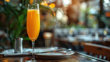 Obraz premium Tall glass of vibrant orange beverage on a wooden table in a dimly lit restaurant