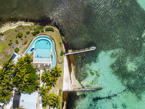 Aerial view of a luxury resort swimming pool surrounded by palm trees and turquoise coastal waters in Guanaja, Bay Islands Department, Honduras.