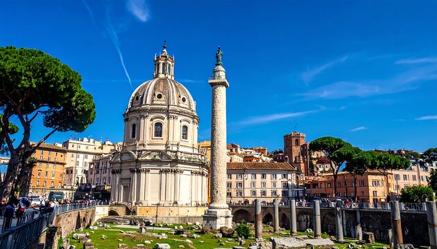 Ancient ruins with a towering column and ornate domed building stand beneath a bright blue sky