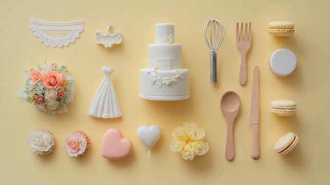 Flat lay of wedding cake topper and decorative elements placed on pastel yellow background, minimal styling, strong copy space
