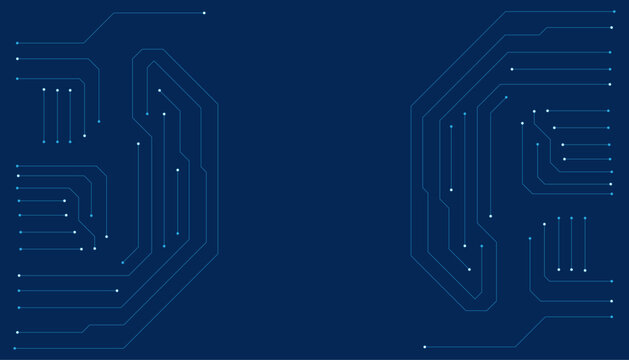 Motherboard design with vibrant blue circuitry and microchip elements. AI circuit board high tech background showcases a powerful processor network for digital science and future computing.