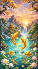 Obraz premium Golden koi leaping in shimmering lake at sunset fantasy landscape vibrant nature scene