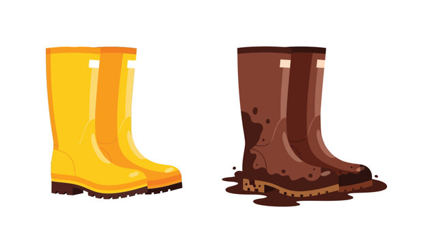 Pair of colorful rubber boots a yellow clean boot and a brown muddy boot vector illustration on a white background high quality professional detailed