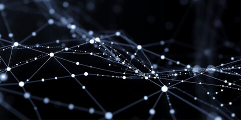 Obraz premium A futuristic blue digital art backdrop features a network pattern of dew drops on a spider web and water drops on glass to create a glowing science and technology concept design