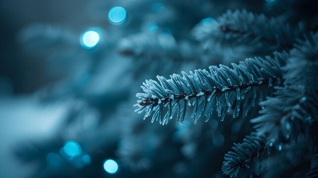 Frosted pine branch with bokeh lights in cold winter close-up