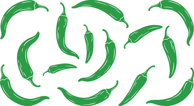 Green chili peppers pattern illustration featuring fresh organic spicy vegetables arranged on a white background design
