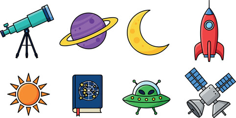 Space and Astronomy Icon Set with Telescope, Planet, Saturn, Moon, Rocket, UFO, Satellite, Sun, and Galaxy Book for Science, Exploration, and Digital Designs © Jisan