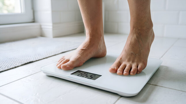 Close-up of human feet stepping on a digital scale in a modern bathroom, checking body weight.