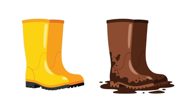 Pair of colorful rain boots a yellow clean boot and a brown muddy boot vector illustration high quality professional detailed modern elegant stylish crisp