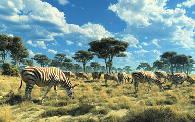 Obraz premium A herd of quaggas, a type of extinct zebra-like equid, graze peacefully in the golden, sun-dappled savanna under a dramatic, cloud-filled sky
