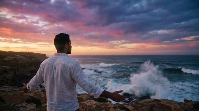 Man standing on rocky coastline watching ocean waves at sunset