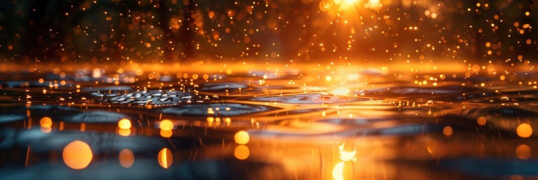 Glowing golden light particles dance above and reflect on dark, rippling water