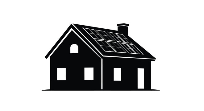 house with solar panels silhouette on white background