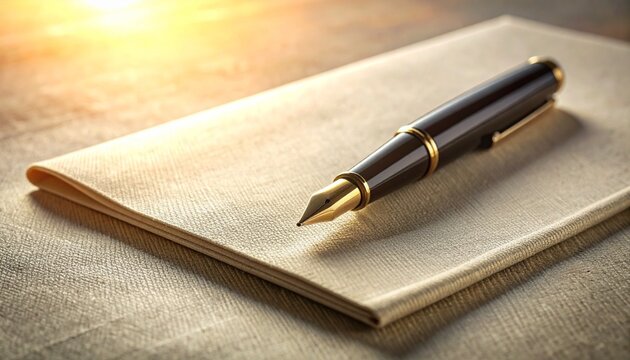 Extreme close-up focusing on a textured linen desk blotter with a single, elegant