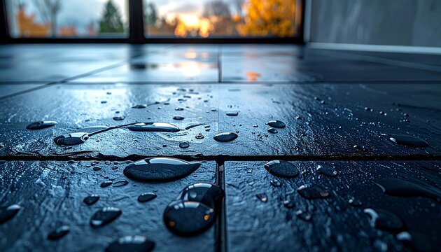 Extreme close-up of water droplets freezing on a dark slate tile, reflecting