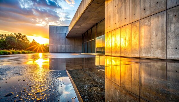 Panoramic view of a modernist building, wet concrete revealing aggregate and subtle