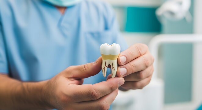 Dental implant examination a close up view of a prosthetic tooth held by a medical professional