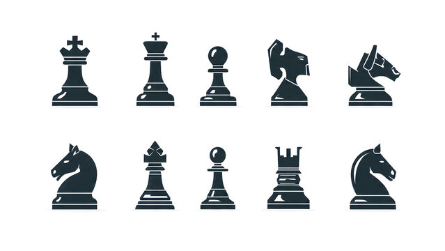 Various stylized chess piece sets in 2D and 3D designs, featuring kings, queens, knights, and pawns in gold, blue, and black colors.