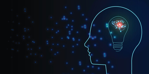 Futuristic glowing idea light bulb emerging from open box on dark blue background, innovation and creative thinking concept, technology startup banner template © MdRoni