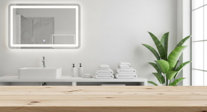 Modern bathroom interior with wooden countertop and green plant