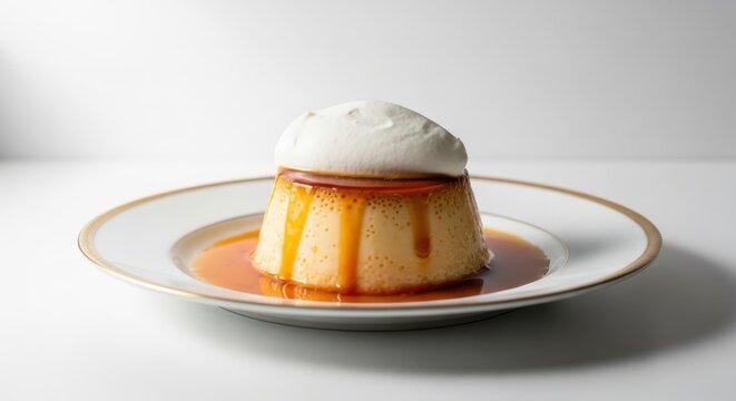 Classic caramel custard pudding topped with whipped cream isolated on white background
