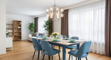Fototapeta premium modern dining room with blue chairs and wooden table
