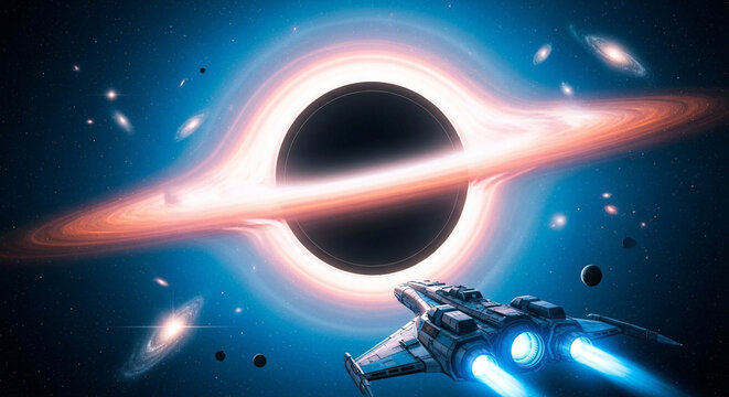 Spacecraft approaches a black hole with vibrant accretion disk