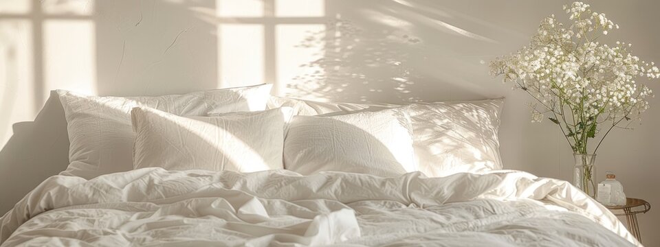 Bright room rumpled white bed, pillows, vase of flowers. Golden window shadows dance