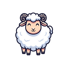 Fototapeta premium A smiling sheep with curly horns celebrating haji qurban on a white background