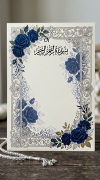 Islamic wedding invitation frame template in navy blue and silver. Features Bismillah calligraphy and beautiful blue roses, ideal for a graceful "Akad Nikah" or "Walimatul Ursy" event.