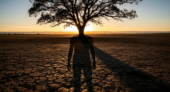 The profound embodiment of human existence intertwined with nature's essence, a figure of dry, cracked earth merging with a tree at sunset