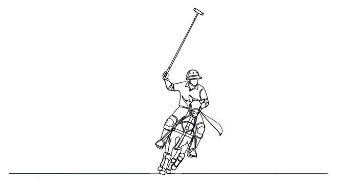 Polo Player Riding Horse with Mallet - Line Art Illustration