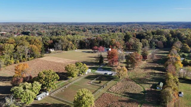 Aerial view of rural farmland and autumn landscape in Garnet Valley, suburb of Philadelphia, Pennsylvania USA