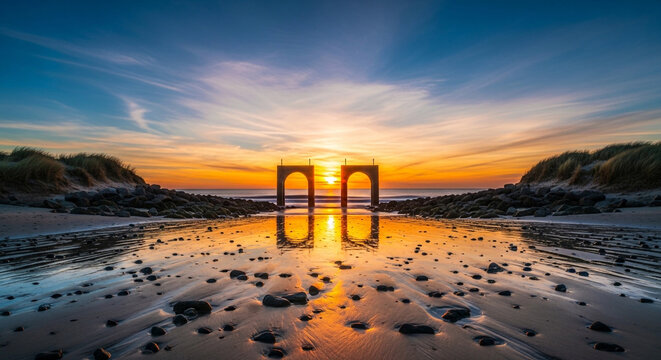 abandoned gate on beach at sunset