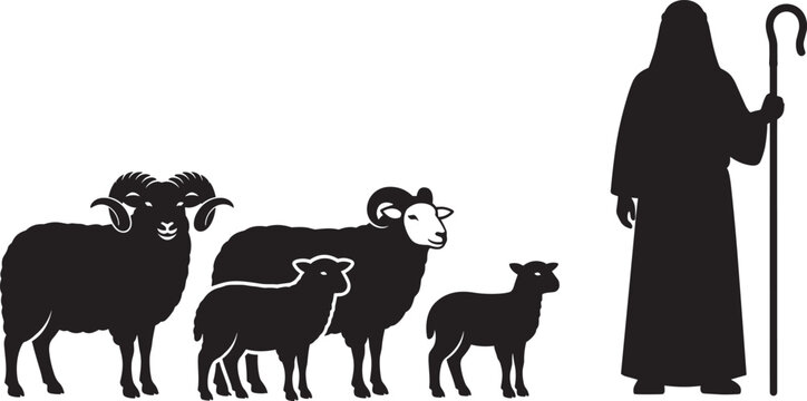 Biblical shepherd standing with staff near flock of ram sheep and lambs silhouette isolated on white background for religious concept cad drawing flat vector illustration.