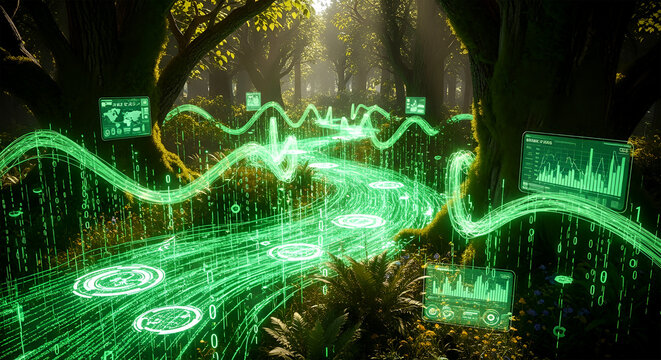 Dynamic Digital Data Flow Illuminates a Serene Forest Path, Symbolizing the Seamless Integration of Natural Ecosystems and Advanced Technological Networks for a Sustainable Future